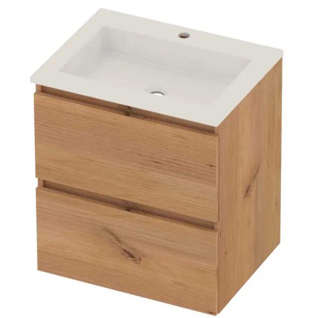 Basic-Line Aura 46 Badmeubelset Acryl 1 Kraangat Greeploos 60x46x62 cm Whisky Oak Glans Wit