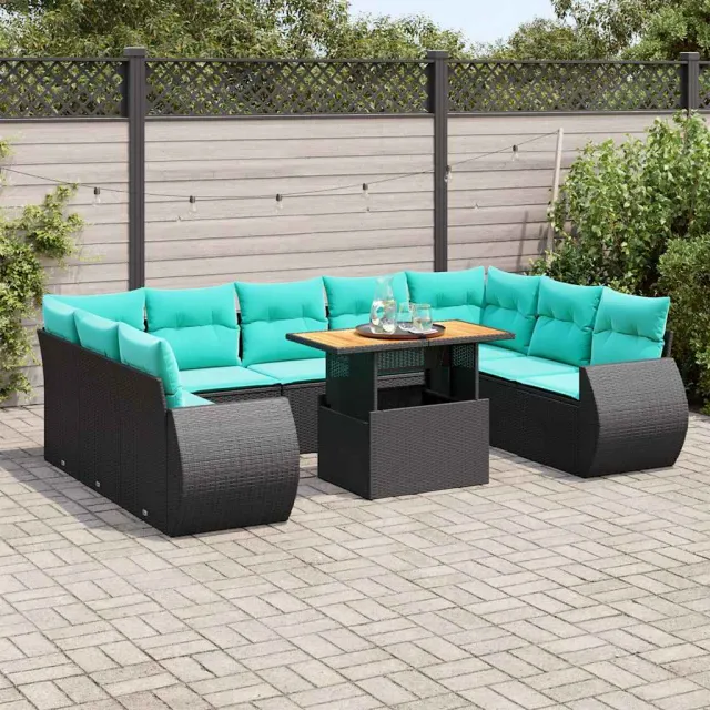vidaXL 10-delige Loungeset met kussens poly rattan zwart, foto 2