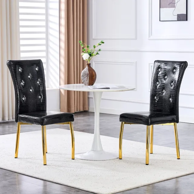 REDOM Eetkamerstoelen Set van 2 - Gestoffeerd en Waterafstotend - Retro - Eethoek - Metaal en PVC - Zwart en Goud Zwart, Goud