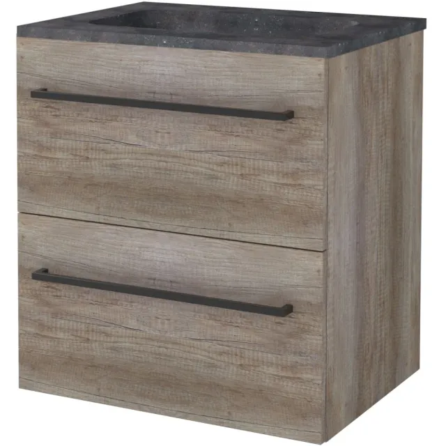 Boss & Wessing Badmeubelset BWS Salt 60x46cm Met Grepen 2 Lades Met Wastafel Hardsteen Scotch Oak Bruin