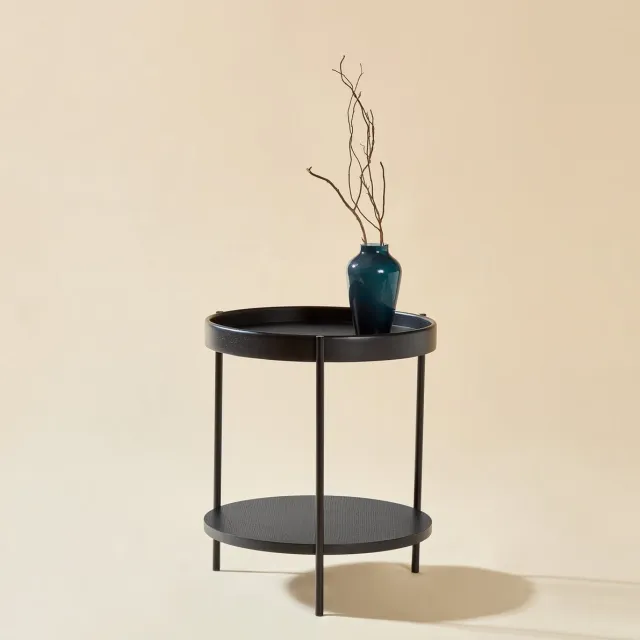 MEUNIQ ronde salontafelset 2-delig met tafelbladen op twee niveaus - Ø69 x 38 cm en Ø44 x 48 cm - hout en zwart metaal - nestende bijzettafel voor woonkamer - zwart