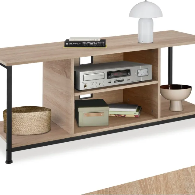Tectake TV-meubel met 4 open vakken - Lowboard voor TV's tot 70 inch - Houten TV-dressoir met kabeluitsparingen - Industrieel design - Zwart metalen frame - Afmeting (LxBxH) 120 x 40 x 50,5 cm - Lichtbruin