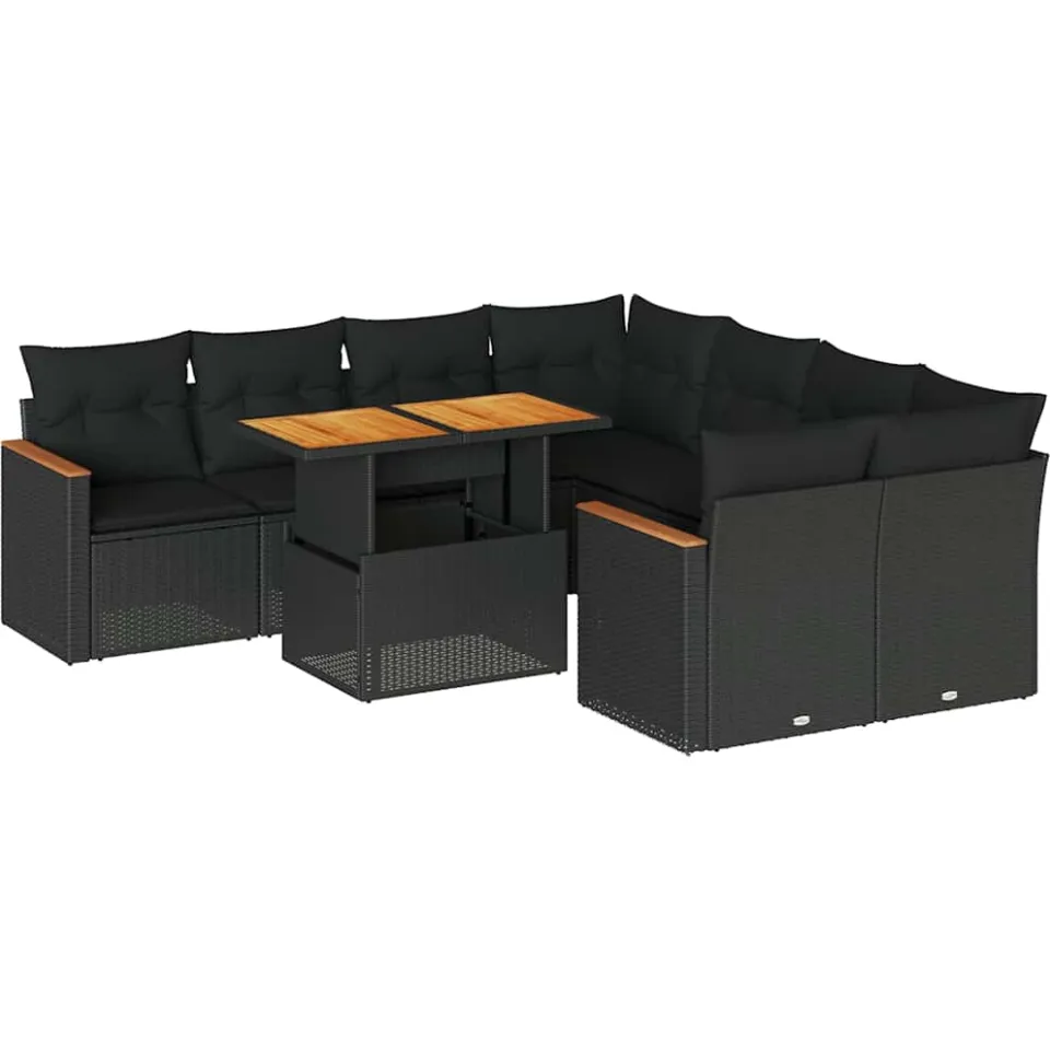 vidaXL 9-delige Loungeset met kussens poly rattan acacia zwart, foto 3