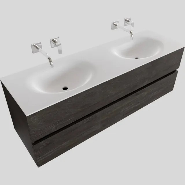 Boss & Wessing Badkamermeubel Solid Surface BWS Stockholm 150x46 cm Dubbel Wood Dark Brown (0 kraangaten) Houtlook