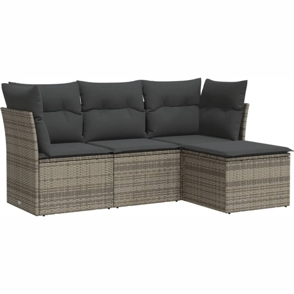 vidaXL 4-delige Loungeset met kussens poly rattan grijs, foto 3