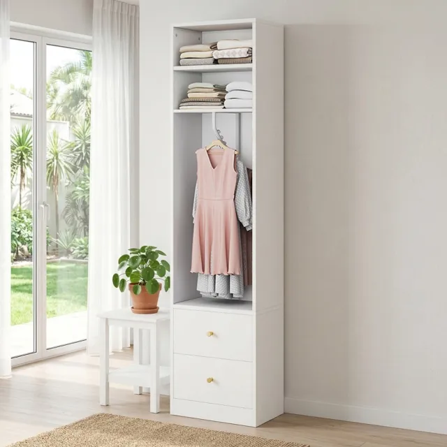 Wishdor Smalle kledingkast met 2 lades en kledingroede - Twee open vakken en hanggedeelte - Modern - Slaapkamer kinderkamer kleedkamer kantoor - MDF en staal - Wit - 50 x 30 x 200 cm