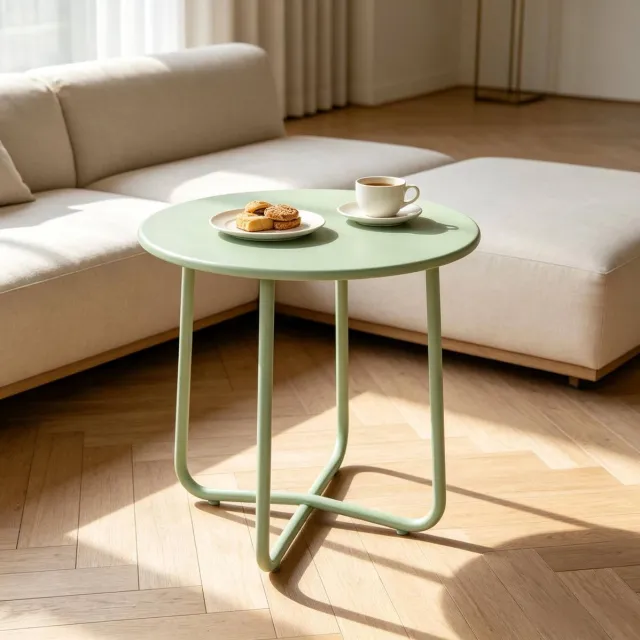 MIVRAY Salontafel - Ronde Metalen Bijzettafel Met X Poten En Antislip Stabiliteit - Voor Tuin Terras En Woonkamer - Groen - 48x51 Cm
