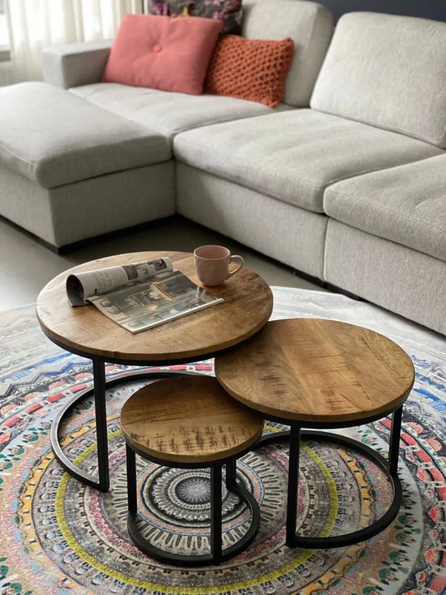 The Copperbarn Salontafel rond industrieel mangohout Salontafel Set van 3 multi