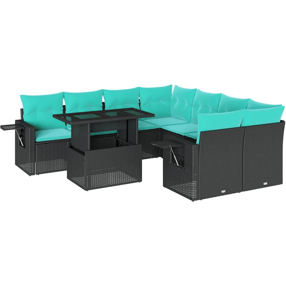 vidaXL 9-delige tuinbankset met kussens van zwart polyrotan, foto 3