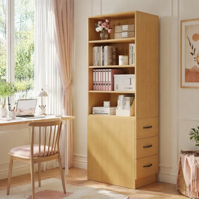 Wishdor Boekenkast - Smal 180 cm - met 3 zijlades en verstelbare planken - modern - voor kleine ruimtes - houtlook - eiken - 60 x 38 x 180 cm