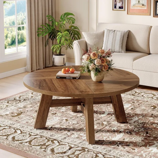 Little Trees LITTLE TREE Ronde Salontafel 100 cm met Versterkte Kruissteun – Lage Houten Tafel voor Woonkamer – Bruin (Walnoot)