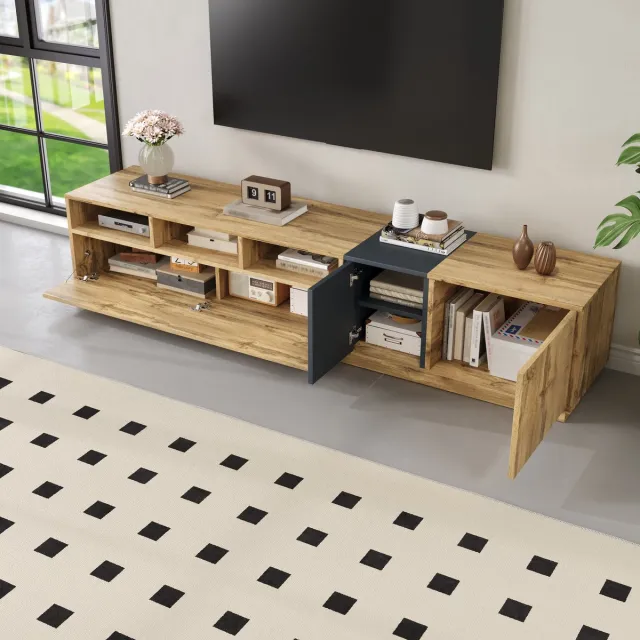MODENUIT Tv-meubel - Opene Vakken En Deuren Met Kabelopeningen - Voor Woonkamer - Spaanplaat - 200x45x45 Cm Naturel