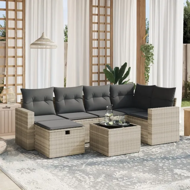 vidaXL 7-delige Loungeset met kussens poly rattan lichtgrijs grijs, foto 2