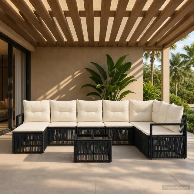 vidaXL Tuinbankenset 9 st Zwart poly rattan, foto 2