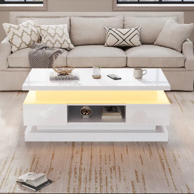 Maisentiel Witte salontafel met verstelbaar blad, 2 lades en ledverlichting - 100 x 50 x 40 cm