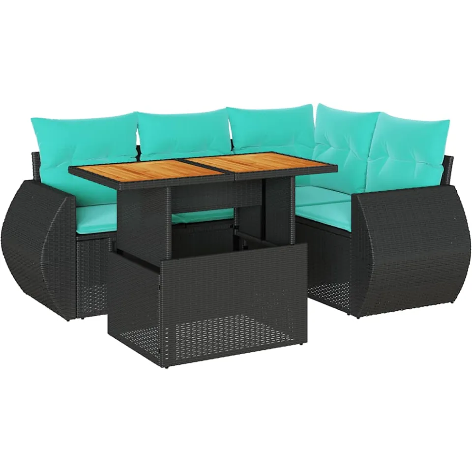 vidaXL 5-delige Loungeset met kussens poly rattan zwart, foto 3