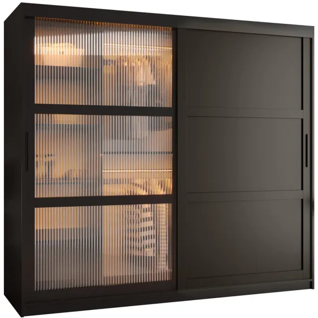 AJE Meubles B.V. Zweefdeurkast Kledingkast met 2 schuifdeuren glanzen slaapkamerkast Kledingstang met planken Garderobekast met geribbeld glas - ARTON 3 (200 cm, Zwart) met lades