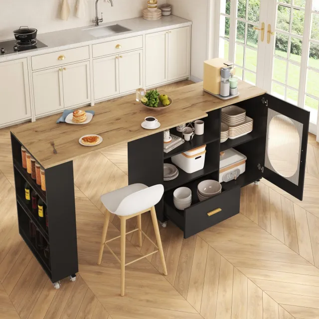COVREO Keukeneiland met draaibaar blad – 120-180x60x90 cm – Bartafel met lade – Werktafel voor keuken – Naturel/zwart