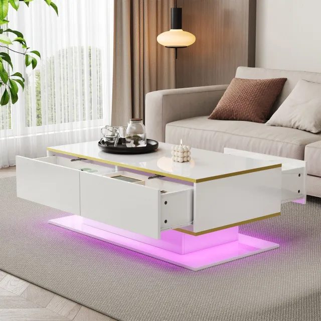 Sweiko Salontafel - Hoogglans - LED-verlichting - 3 lades - Gouden afwerking - Wit