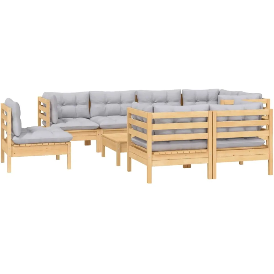 vidaXL 9-delige Loungeset met grijze kussens massief grenenhout Grijs