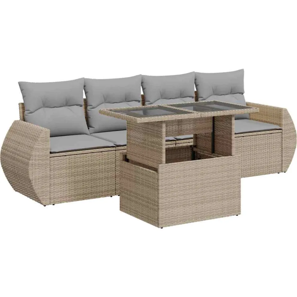 vidaXL 5-delige Loungeset met kussens poly rattan beige, foto 3