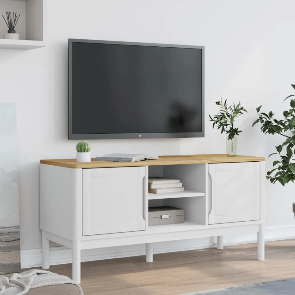 vidaXL Tv-meubel FLORO 114x43x55 cm massief grenenhout wit, foto 3