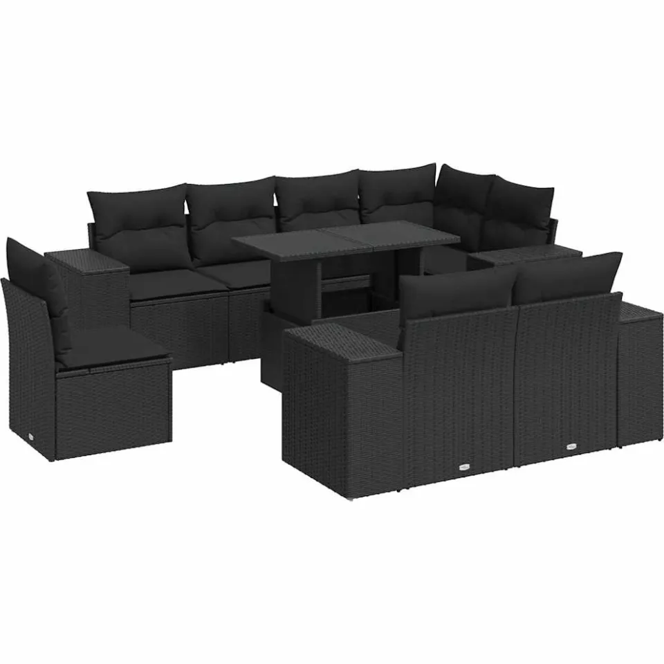 vidaXL 9-delige Loungeset met kussens poly rattan zwart, foto 3