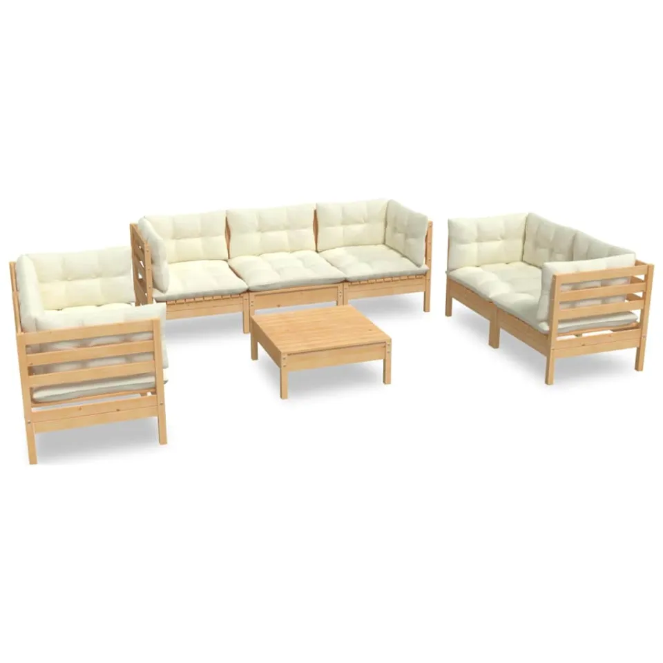 vidaXL 8-delige Loungeset met crèmekleurige kussens massief grenenhout