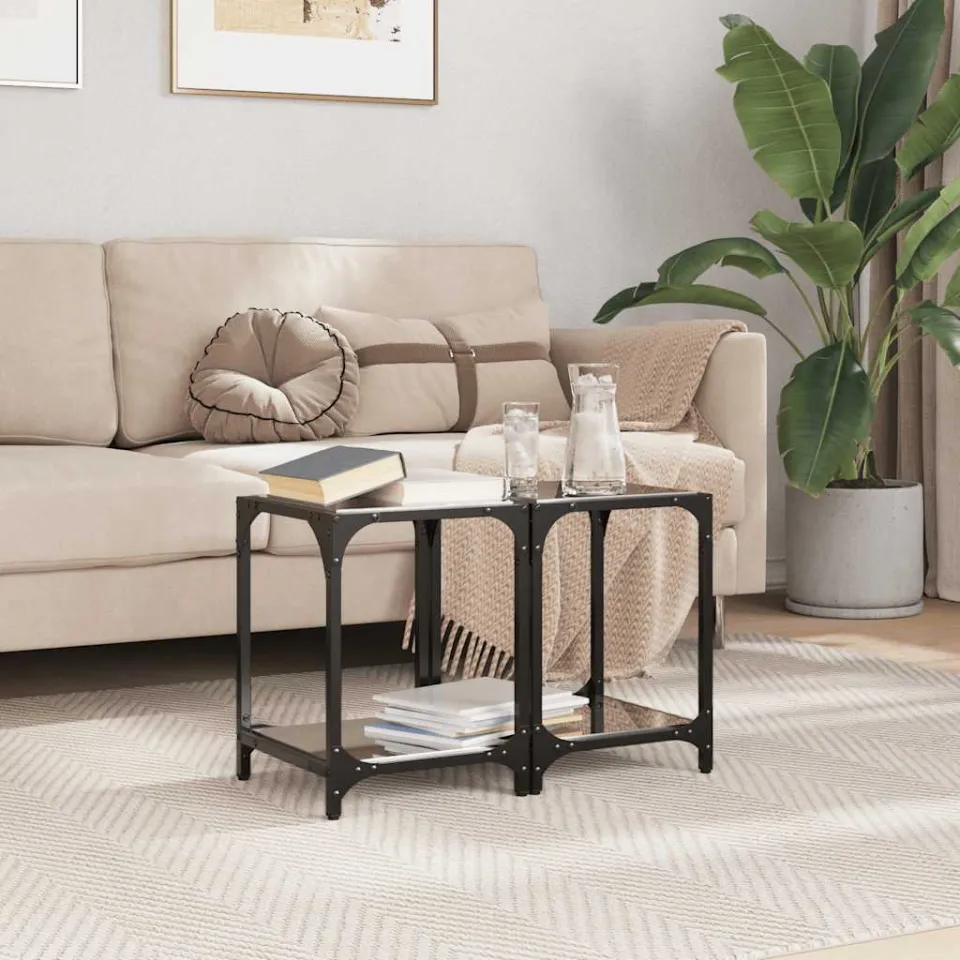 vidaXL Salontafels 2 st met zwart glazen blad 30x30x40 cm staal, foto 3