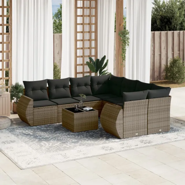 vidaXL 9-delige Loungeset met kussens poly rattan grijs, foto 2