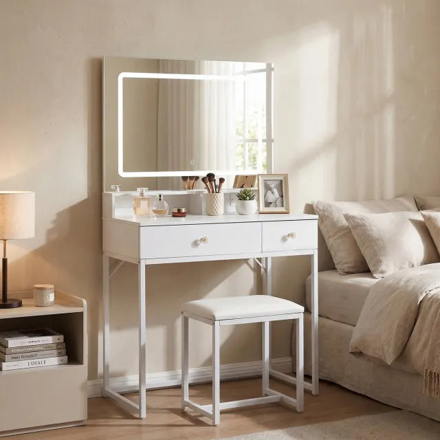 Homemiyn Kaptafel met Smart Spiegel – Moderne Witte Make-up Tafel zonder Kast – LED Verlichte Spiegel – Minimalistisch Design voor Slaapkamer