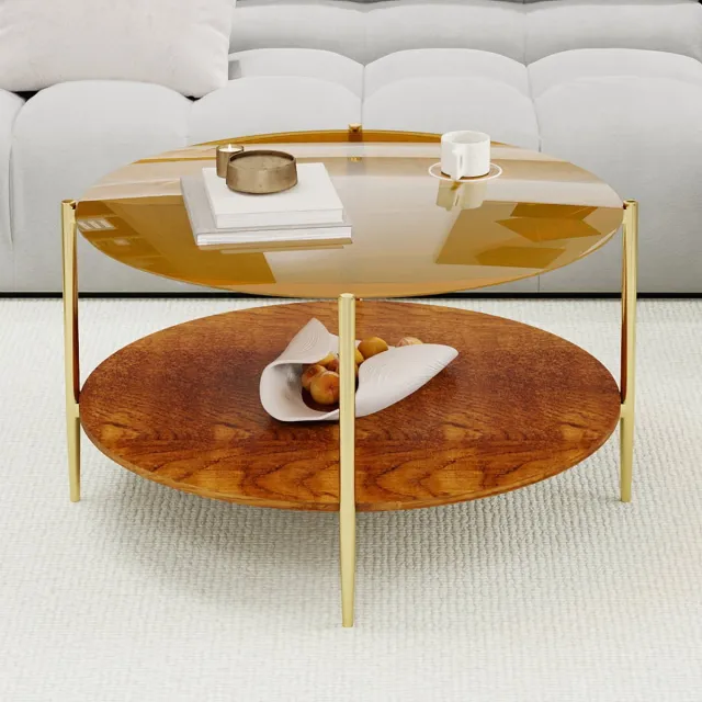 Wishdor Ronde salontafel - Modern minimalistisch - Dubbel niveau - Goud glazen blad - Houten onderblad - Metalen frame - 82 cm Gold