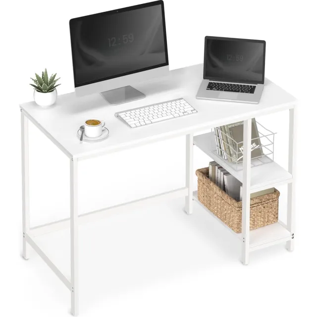 Vasagle Computerbureau, schrijfbureau met 2 planken links of rechts, werktafel voor kantoor, woonkamer, stalen frame, modern, esdoornwit