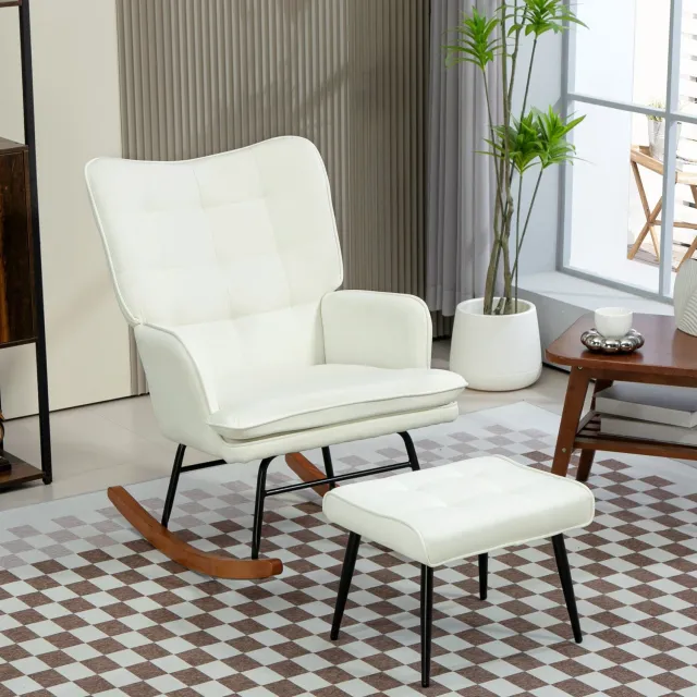 MIVRAY Schommelstoel 64 x 89 x 90 cm - Met Hocker en Armleuningen - Voor Woonkamer en Slaapkamer - Polyester en Hout - Crèmewit Crème wit