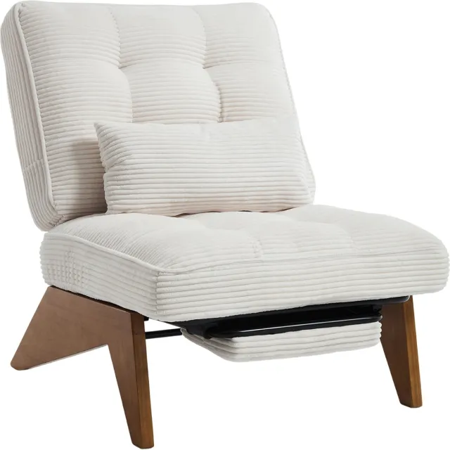 Ropilly Beige corduroy loungestoel - Stoel met voetenbank - Verstelbare rugleuning - Met lendenkussen - 220 kg - Fauteuil voor woonkamer - 127x73x90 cm - Beige