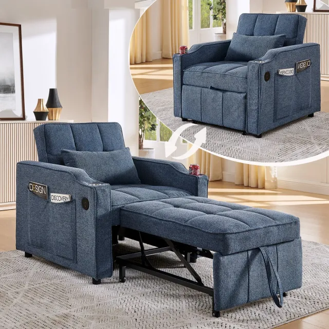 Wishdor Slaapbank - 3-In-1 Uitschuifbaar Met USB-Laadpoorten - Minimalistisch - Woonkamer - Hout En Stof - Marineblauw