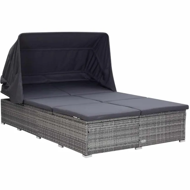 vidaXL Ligbed met kussen 2-persoons poly rattan grijs