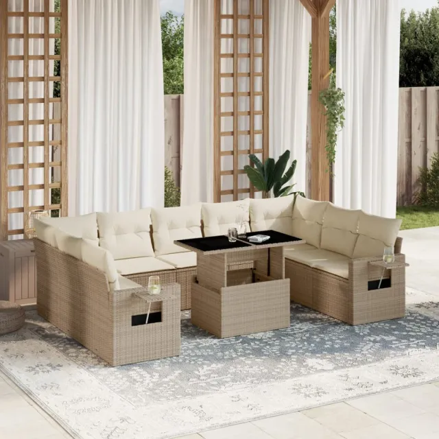 vidaXL 10-delige Loungeset met kussens poly rattan beige, foto 2