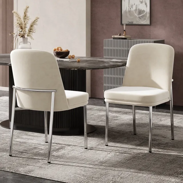 MODENUIT Eetkamerstoel - Modern Minimalistisch - Set van 2 - Dikke Zitting Met Metalen Poten - Velours Beige Beige + Zilver