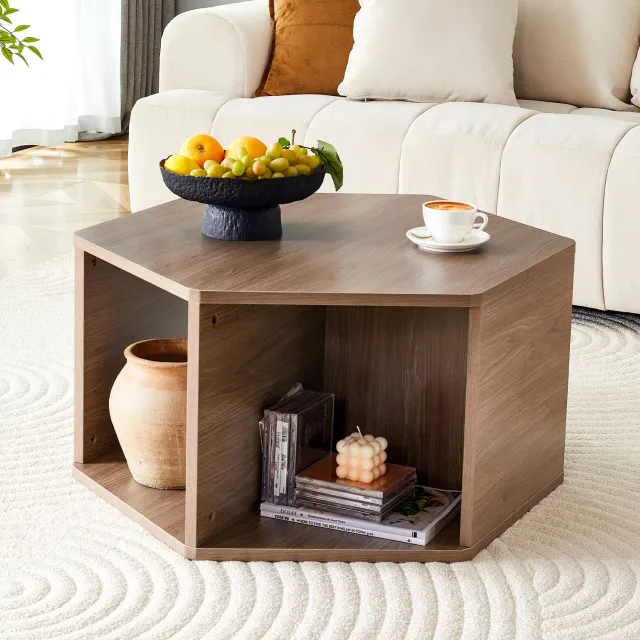 CHICFURN Salontafel 79 cm - Zeshoekig tafelblad - Open opbergruimte - Bruin