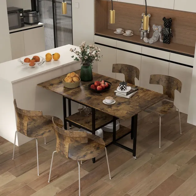 OKWISH Klaptafel – Eettafel Voor 2 Tot 6 Personen – Met Wielen En 2 Planken – Bruin En Staal – 140 x 80 x 75 cm