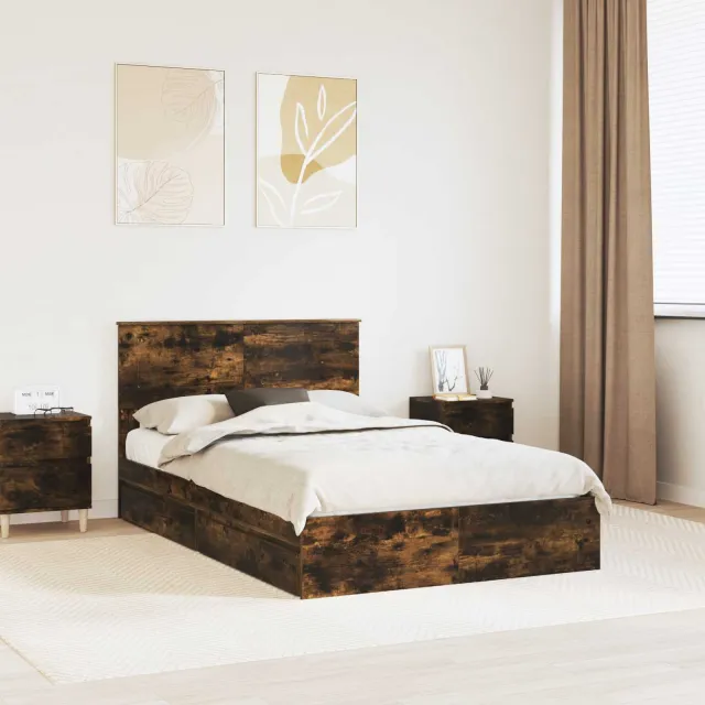 vidaXL Opslag bed met lade Gerookt eiken 135 x 190 cm Bewerkt hout Bruin