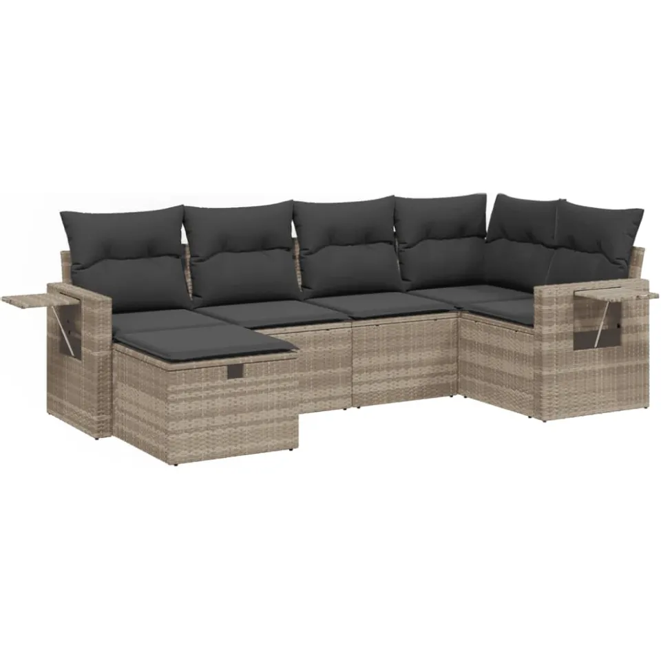 vidaXL 6-delige Loungeset met kussens poly rattan lichtgrijs grijs, foto 3