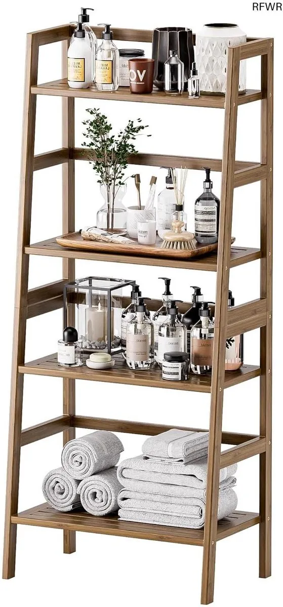 RFWR Vrijstaande Ladder Boekenplank met 4 Open Planken - Bamboe Opbergrack voor Planten en Decoratie Walnoot