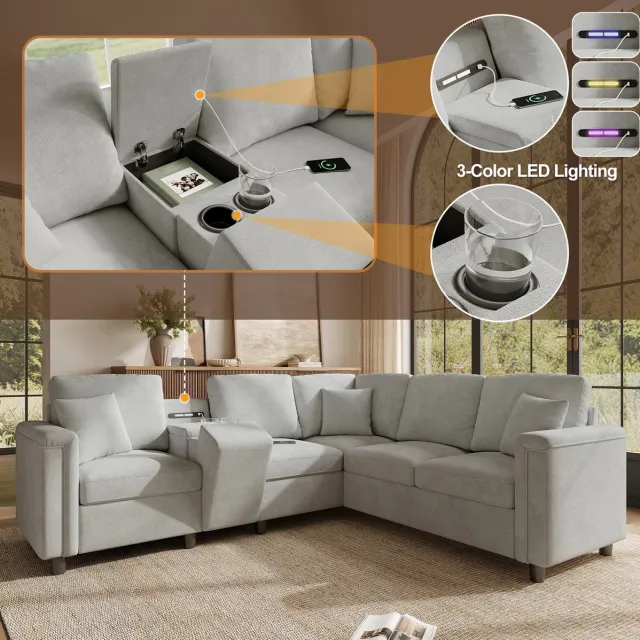 MODENUIT Hoekbank 235 x 208 x 83 cm - Opbergruimte En Oplaadpoorten - Woonkamer - Chenille Lichtgrijs