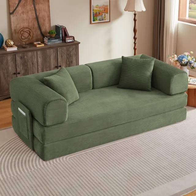 MODFU Slaapbank - Opklapbaar - Groen - Corduroy - 3-Zits - Stof - 204 Cm Green