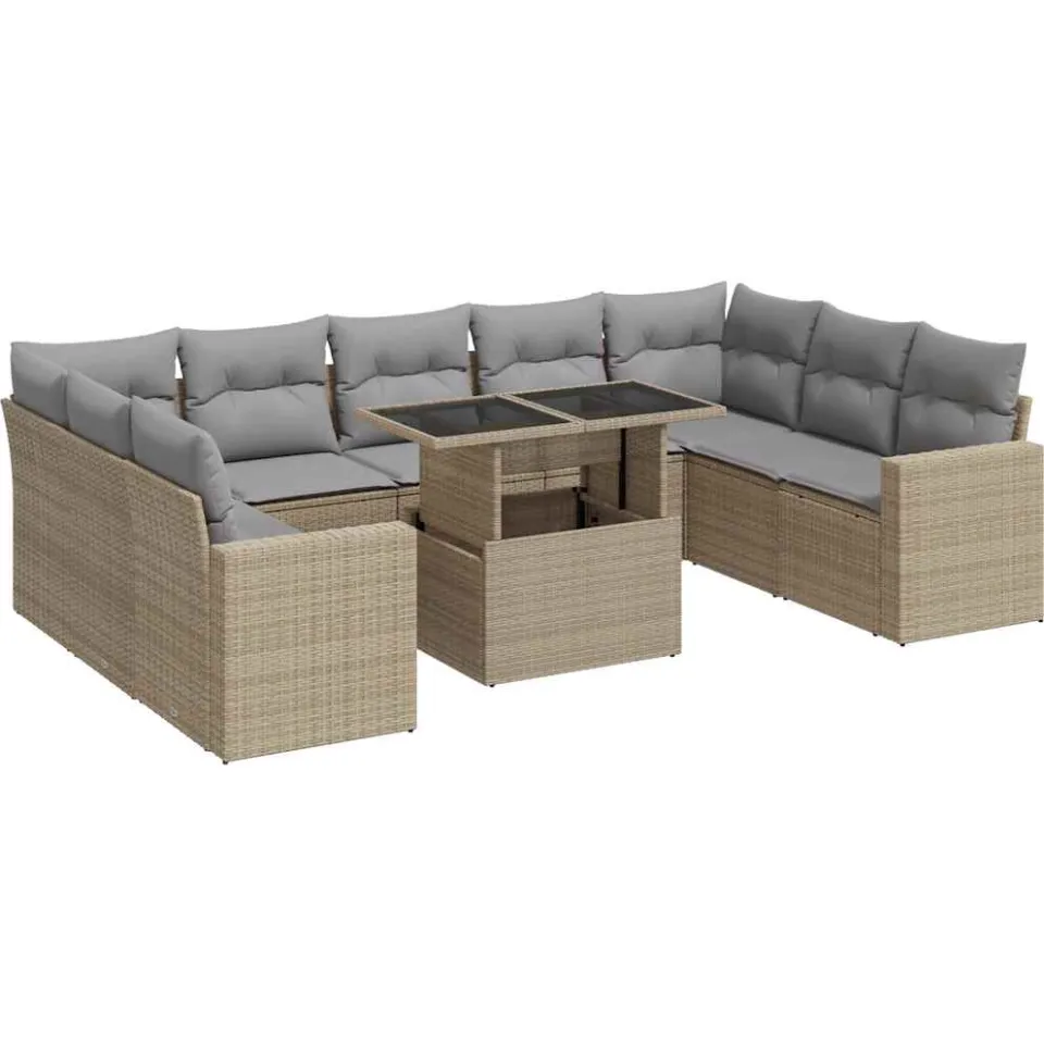 vidaXL 10-delige Loungeset met kussens poly rattan beige, foto 3