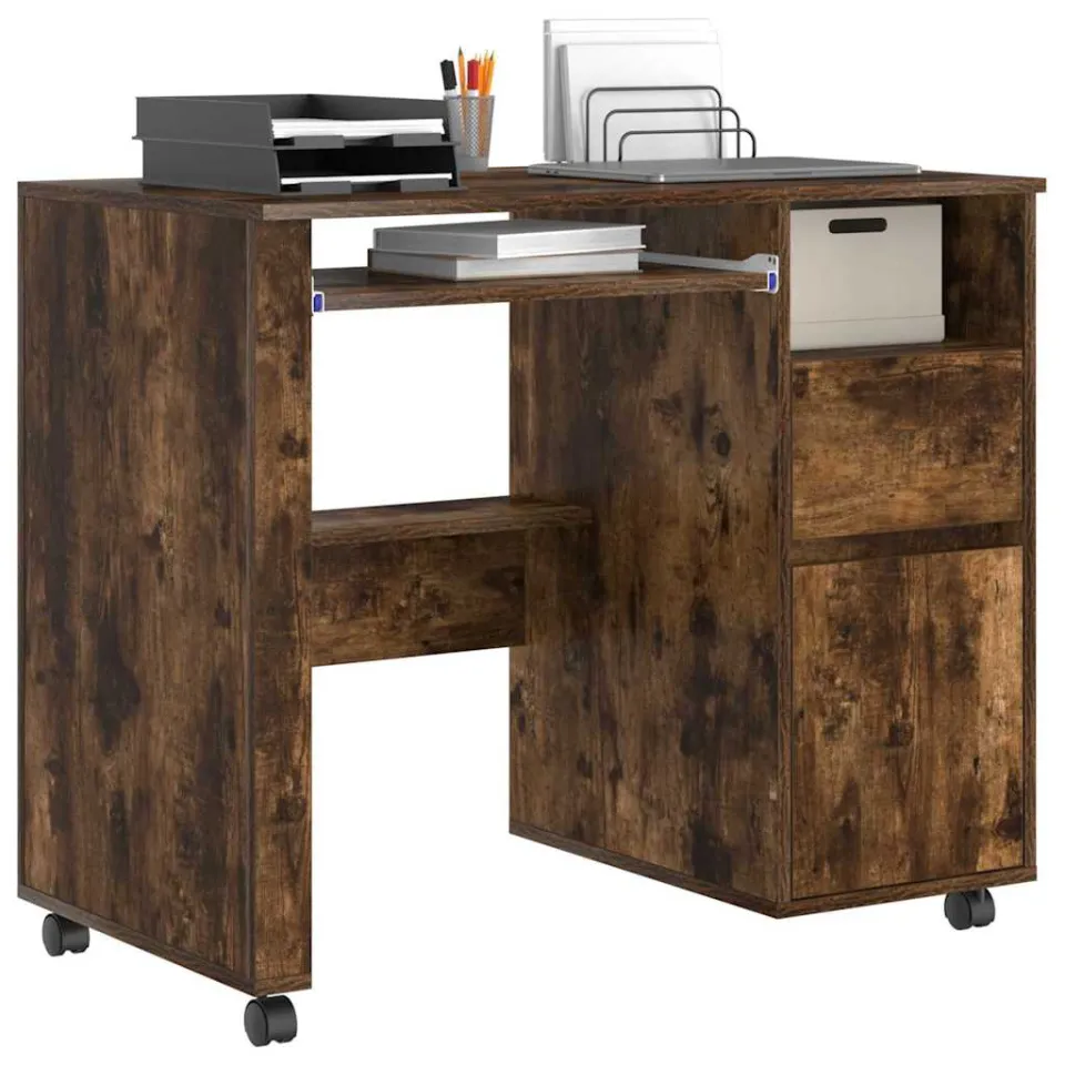vidaXL Bureau met Wielen Gerookt eiken 91 x 50 x 77 cm Bewerkt hout Bruin