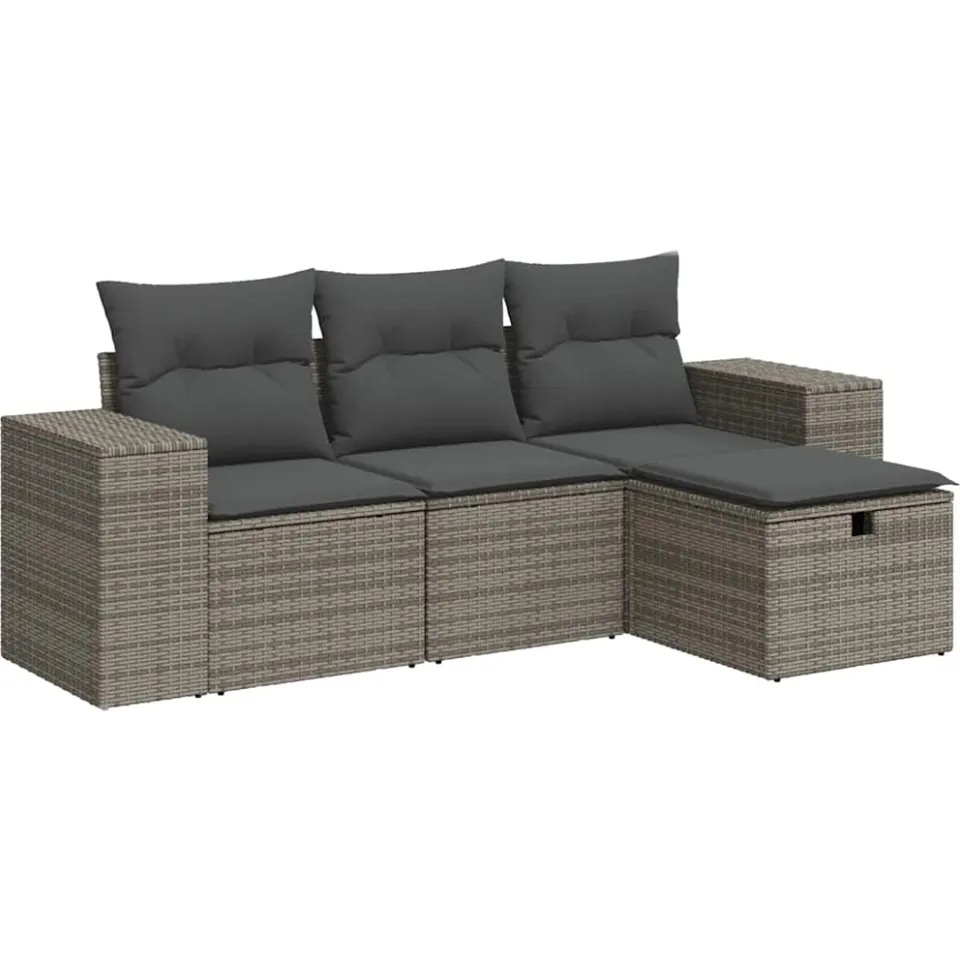 vidaXL 4-delige Loungeset met kussens poly rattan grijs, foto 3