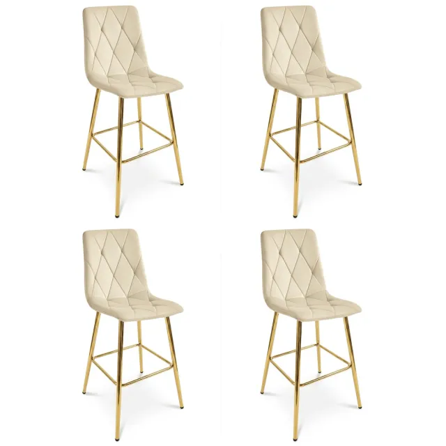 LEOBERT Set van 4 barkrukken LIBRA - Lichtbeige fluweel - Gouden metalen poten - Modern design